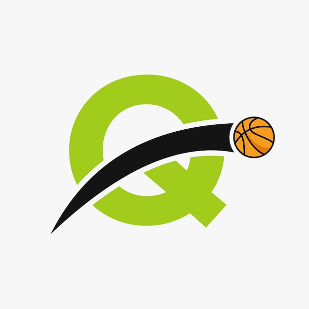 移動バスケットボール アイコンと文字 Q のバスケットボールのロゴ バスケットボールのロゴタイプのシンボル