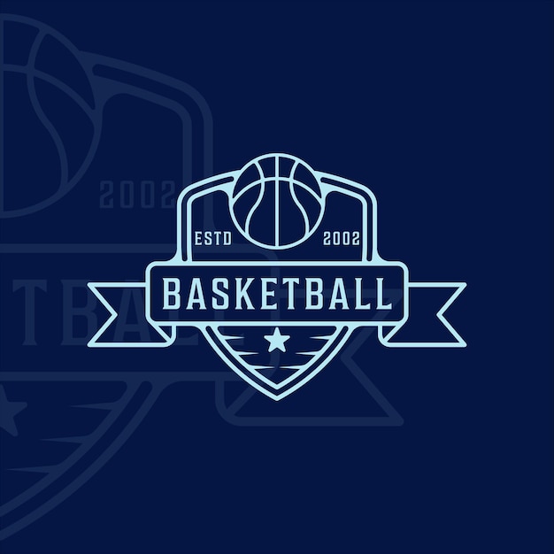 Баскетбольный логотип линии искусства простой векторный графический дизайн шаблона иллюстрации. спортивный знак или символ для командной или клубной лиги и концепция соревнований со значком и типографским стилем