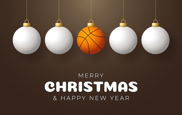 バスケットボールメリークリスマスと新年あけましておめでとうございますスポーツグリーティングカード。色の背景にクリスマスボールとしてバスケットボールのボール。ベクトルイラスト。