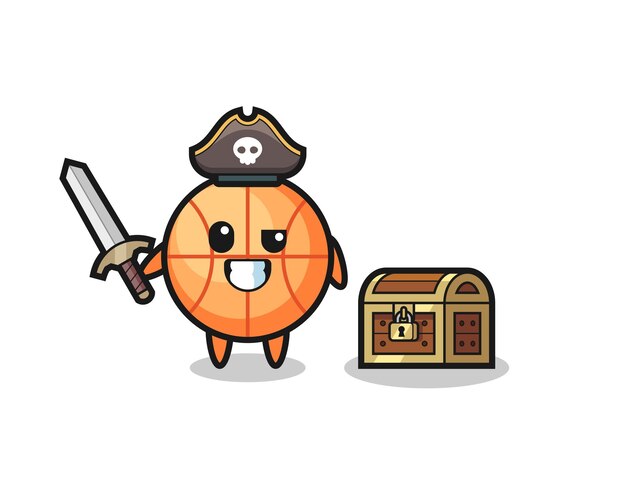 Персонаж баскетбольного пирата, держащий меч рядом с сундучком с сокровищами, милый стильный дизайн для футболки, наклейки, элемента логотипа