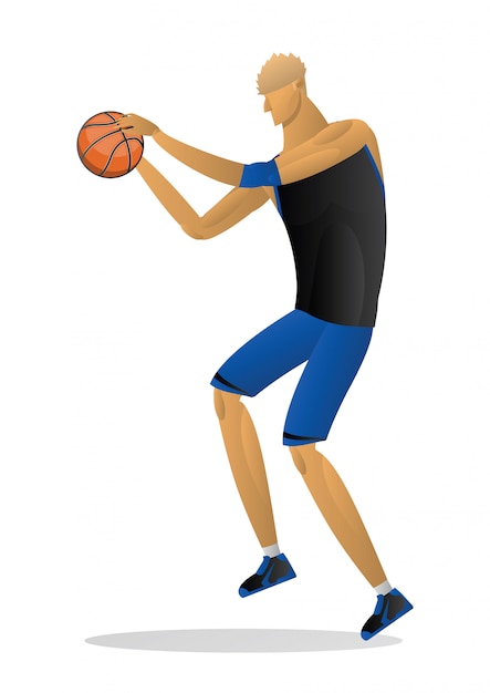 Giocatore di pallacanestro in uniforme blu nera con la palla