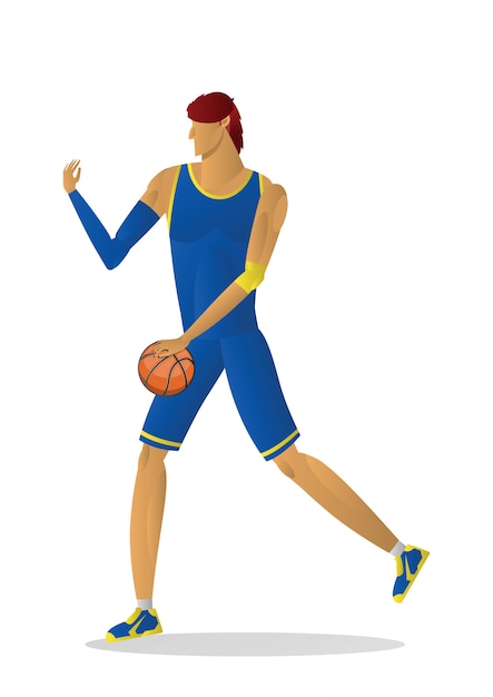 Giocatore di basket in uniforme blu con la palla