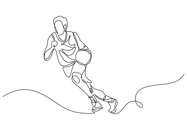 Basketball player continuous one line drawing people playing basket vector