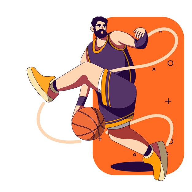 Giocatore di basket che colpisce la palla saltando design piatto