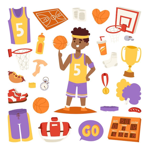 Giocatore di pallacanestro e adesivi delle icone.