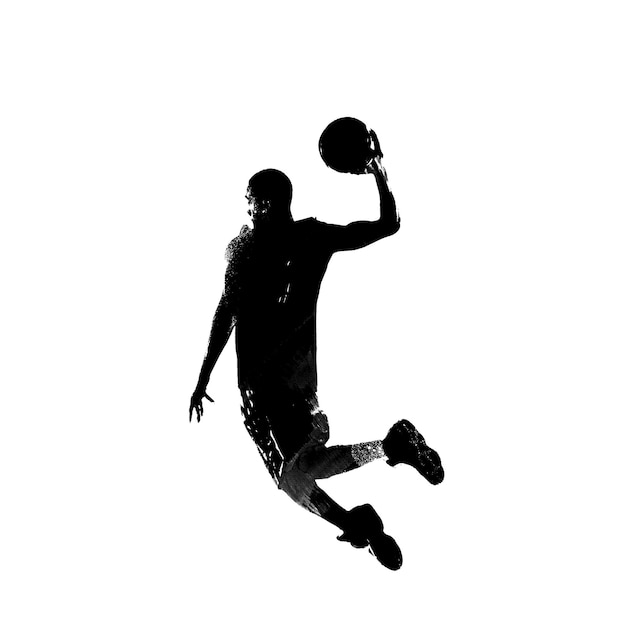 A basketball player is jumping in the air and is about to throw the ball