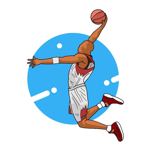 Basketball player jumping with the ball vector illustration with blue background