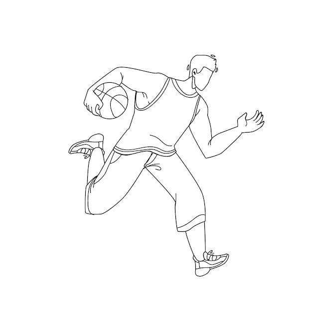 Basketball Player Man Running With Ball Black Line Pencil Drawing Vector. Basketball Game Playing Young Boy Sportsman. Athletic Character Wearing Sport Clothes Training Or Competition Illustration