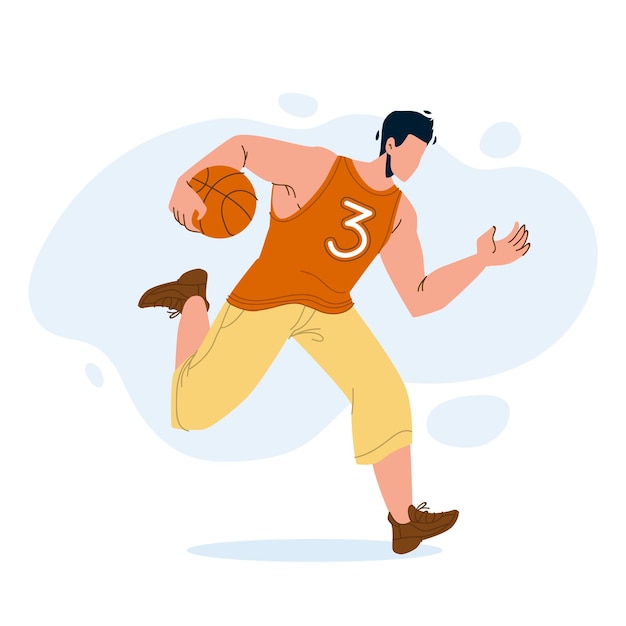 Basketball player man running with ball vector. basketball game\
playing young boy sportsman. athletic character wearing sport\
clothes training or competition flat cartoon illustration