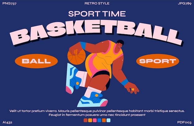 Giocatore di basket in stile retrò anni '90 cartoon stile vintage groovy illustrazione di sportsmanathlet