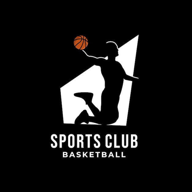 暗い背景ベクトル テンプレートでボールとスポット ライトのバスケットボール選手のシルエット