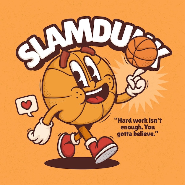 Basketball Player Trendy Retro Cartoon Vector Hand Drawn