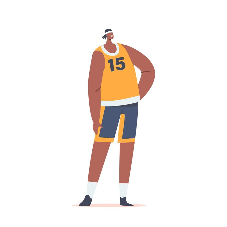 Vector バスケットボール選手は白い背景で隔離の腕akimboと暗い肌のスタンドで制服スポーツマンキャラクターを着用幸せな男性キャラクターコンテスト参加者漫画の人々ベクトルイラスト