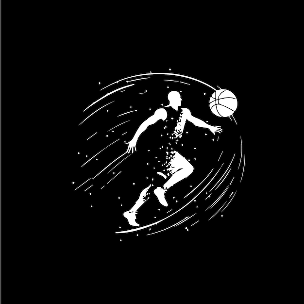 Giocatore di pallacanestro bianco emblema in esecuzione dribbling con palla azione giocatore icona logo modello disegno a mano tatuaggio schizzo silhouette su sfondo nero illustrazione vettoriale