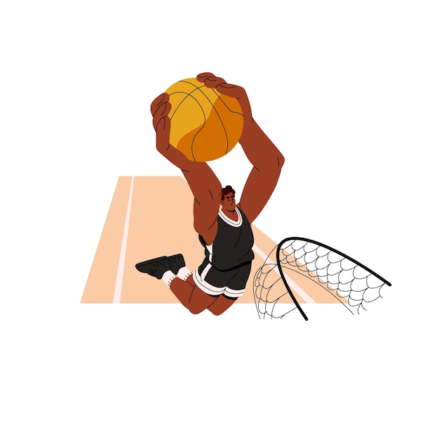 Giocatore di pallacanestro con la palla in mano che la lancia al canestro netto uomo nero che gioca gioco di sport con cerchio allenamento atleta sportivo illustrazione vettoriale grafica piatta isolata su sfondo bianco