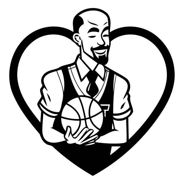 Vettore giocatore di basket con palla a forma di cuore illustrazione vettoriale su sfondo bianco