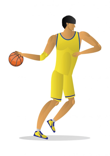 Basketball player in yellow uniform with the ball