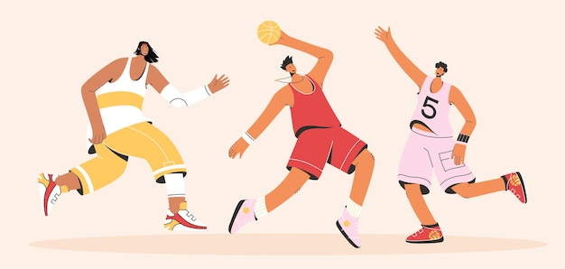 basketball players in uniform playing streetball. young sportsmen training with ball to sport competition, enjoying hobby, activity outdoors.