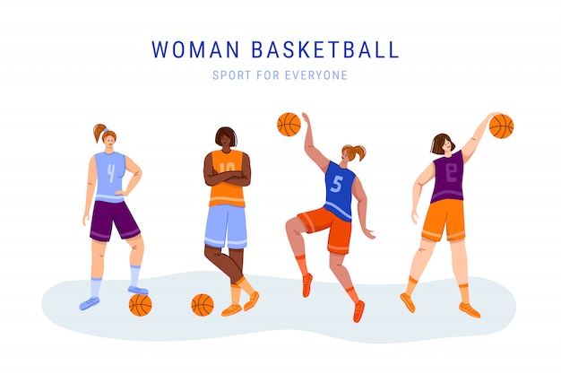 Basketball players with ball - set of isolated girls characters, African American and white women playing