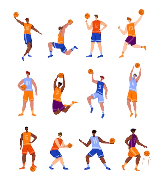 Vector basketball players with ball - set of isolated people characters, african american and white men playing