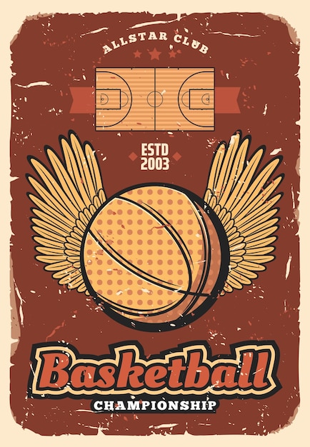 Basketball sport ball with wings retro poster