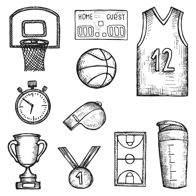 Vector basketball sport objects set vector sketches