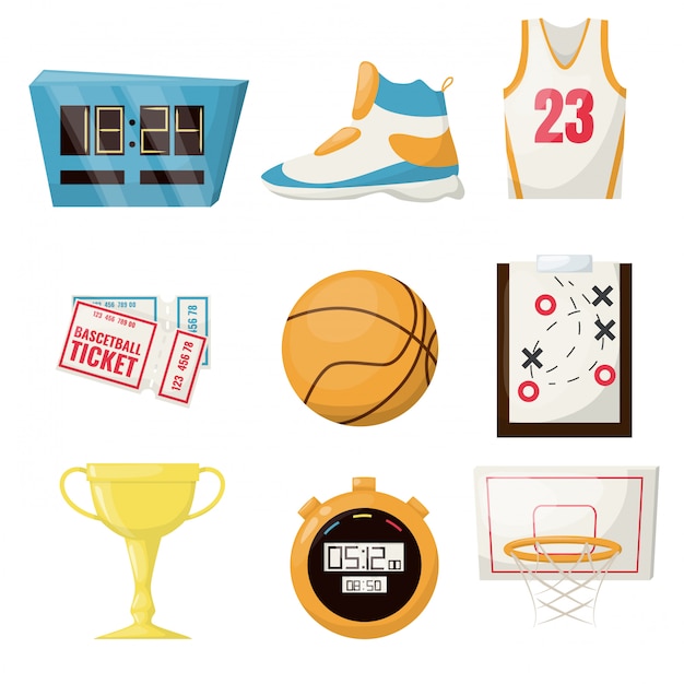 Basketball sports game ball basket ball competition equipment. professional court leisure team activity championship. stopwatch, ticket shoe gold cup hoop game plane.