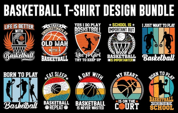 Pacchetto di design di t-shirt da basket, set di t-shirt grafiche personalizzate da basket, vettore di gioco di basket, bas