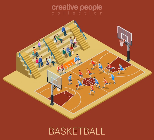 Basketball team competition match play flat isometric illustration.