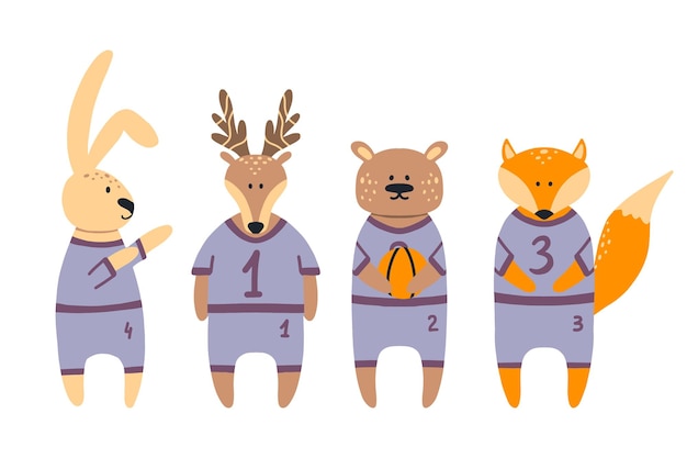 Basketball team of forest animals Basketball players hare fox bear deer Children's basketball Hand drawn illustration in scandinavian style Vector illustration