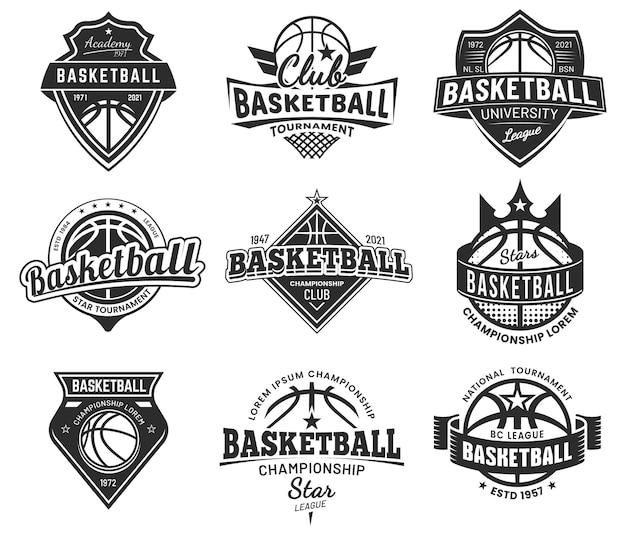 Distintivi del torneo di sport di squadra di pallacanestro, campionato universitario e club dei campioni, emblemi. cartelli di pallacanestro o streetball college e varsity, palla con ali e scudi a stella, striscioni