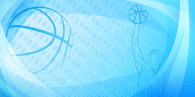 Vettore sfondio a tema di basket in toni blu con curve di maglie astratte e punti con un giocatore di basket maschio e palla