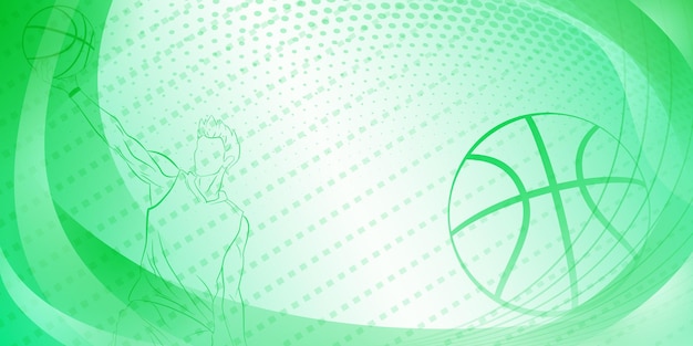벡터 남성 농구 선수와 공을 가진 추상적인 선 곡선과 점으로 녹색으로 농구 테마의 배경