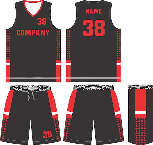 Modello di pantaloncini per uniforme da basket per maglia sportiva con vista anteriore e posteriore del club di basket