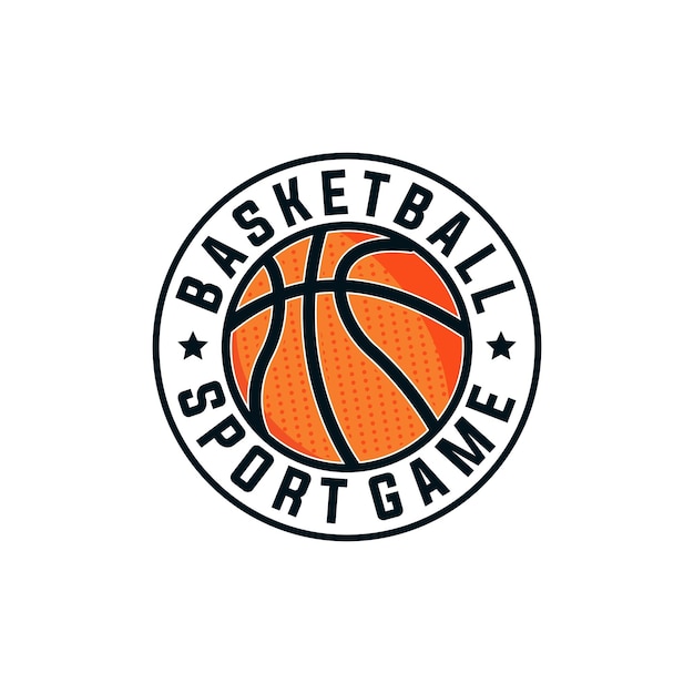 Vettore illustrazione del cestino di sport del modello grafico di vettore di pallacanestro nello stile dell'etichetta della toppa dell'emblema del distintivo