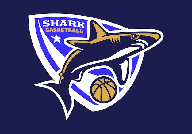 Basketball with shark mascot badge logo design