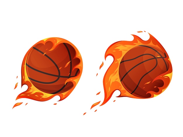 Баскетбольные мячи в огне. Выстрелы горящим мячом. Спортивная концепция. Мультяшная квартира. Отдельный на белом фоне.