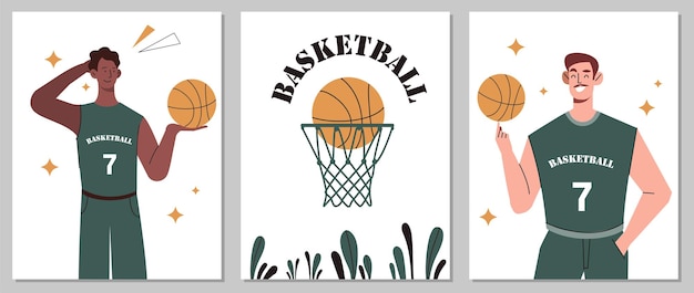 Basketbalposters stellen een actieve levensstijl en teamsport basketbalspelers met bal in uniform vast