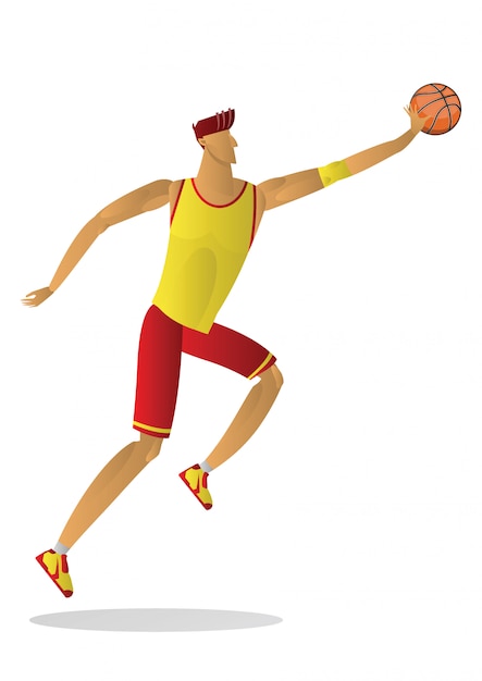 Vector basketbalspeler in geel rood uniform met de bal