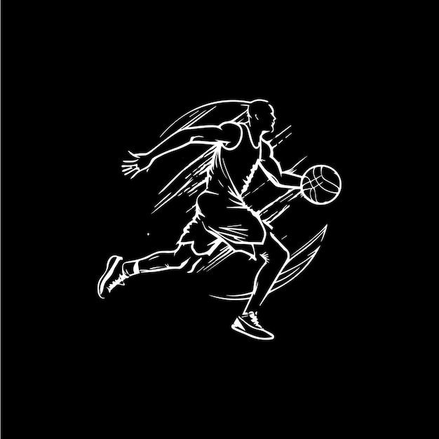 Basketbalspeler wit embleem uitgevoerd met bal actie speler pictogram hand tattoo schets silhouet tekenen op zwarte achtergrond vectorillustratie