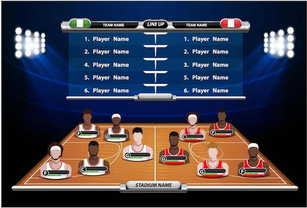 Vector basketbalspeleropstelling en basketbalveld met set van infographic elementen