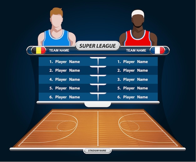 Basketbalspeleropstelling en basketbalveld met set van infographic elementen