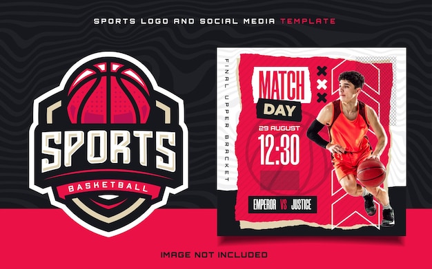 Basketbalsportlogo en wedstrijddagbannerflyer voor post op sociale media