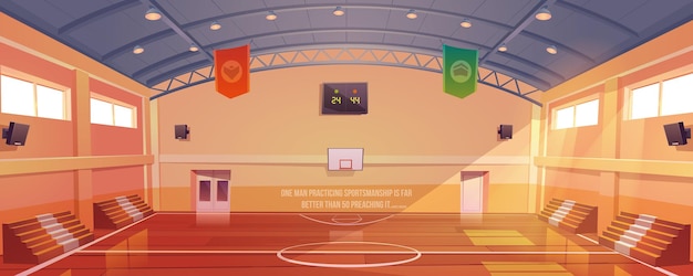Basketbalveld met hoepel tribune en scorebord Vector cartoon illustratie van een lege school sportschool