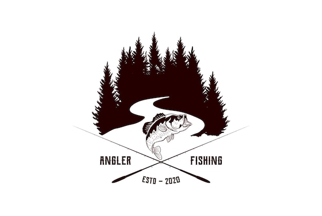 Salmone alla carpa basso con albero sempreverde di conifere di pini per il design del logo dell'emblema della pesca del pescatore di forest river creek