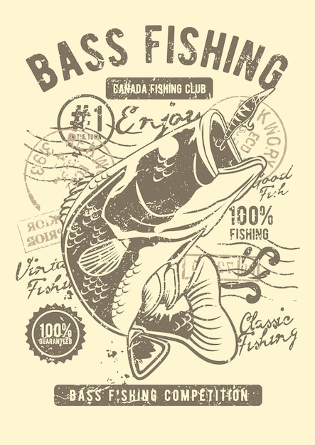 Vector bass fishing club, vintage illustratie poster.