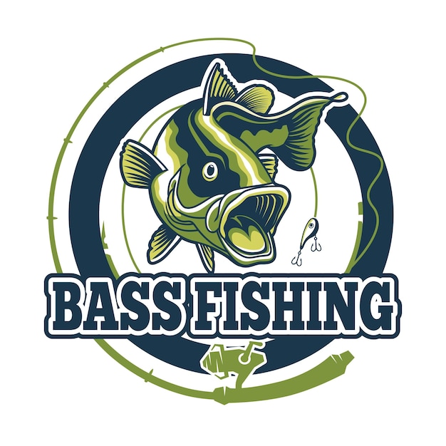 Vector bass fishing logo design jump splash water design met cirkelvormige visstok