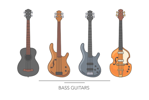 Bass guitar set Outline colorful guitars on white background Vector illustration