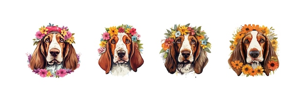 Basset hound hippie portrait in a floral head wreath vector illustration design