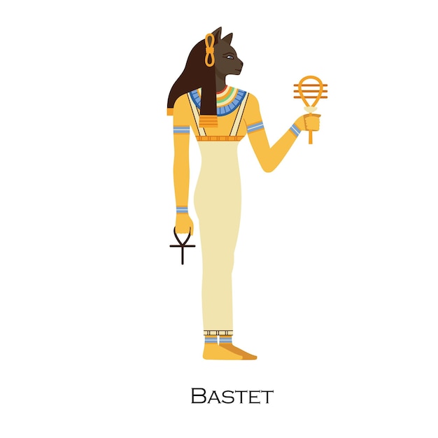 고대 이집트의 암사자 여신 Bastet. 여성 고양이 머리 신. 고대 이집트의 신 프로필. 종교 신화에 나오는 고대 여성 인물. 평면 벡터 일러스트 레이 션 흰색 배경에 고립